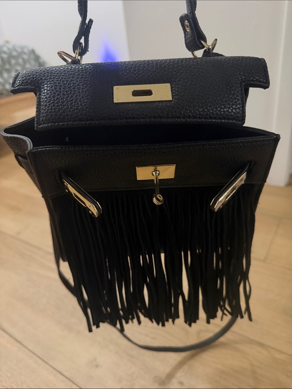 Mini Birkin style Black and gold with fringes